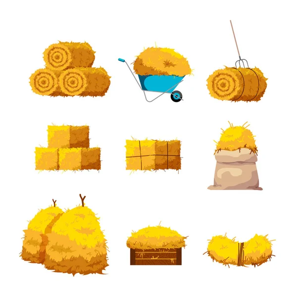 Set Bales Hay Dried Grass Different Forms Cartoon Vector Illustration — 图库矢量图片