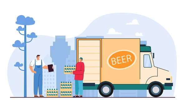 ビールと樽の木箱を持つ笑顔の宅配便の男 広告デザインのブランドの配達トラック ビールを提供する醸造所 白い背景に分離されたフラットベクトルイラストレーション — ストックベクタ