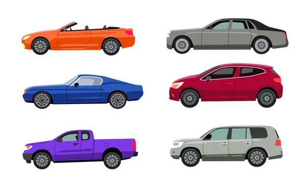 Zijaanzicht Van Verschillende Automodellen Vlakke Vector Illustraties Set Auto Van — Stockvector