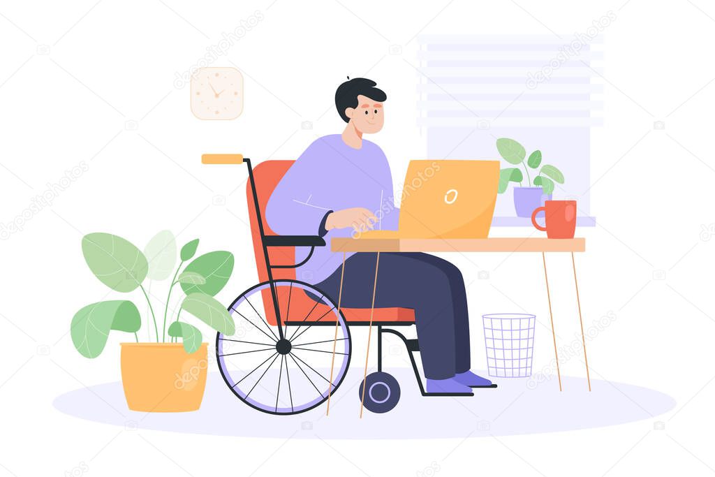 Smiling worker in wheelchair working at computer at workplace. Man with physical disability, home office flat vector illustration. Accessibility, remote work, occupation concept for banner
