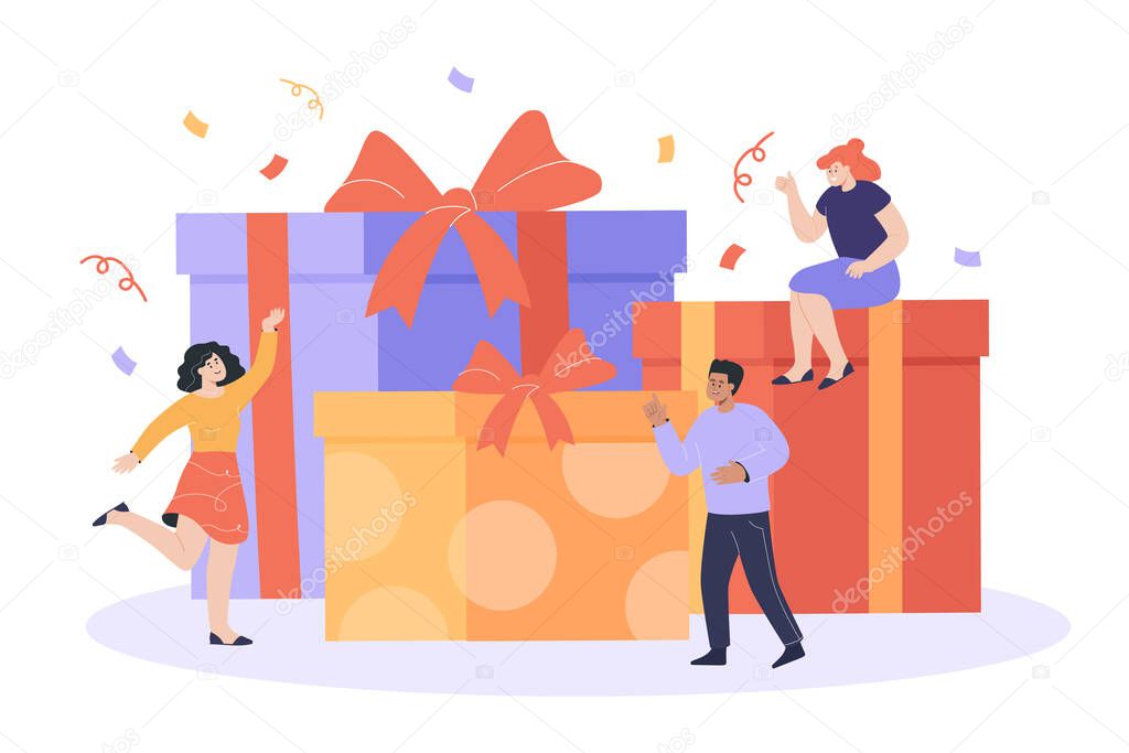 Tiny people with huge gift boxes flat vector illustration. People celebrating birthday, sending or receiving presents for loyalty or brilliant ideas. Reward, bonus, party concept