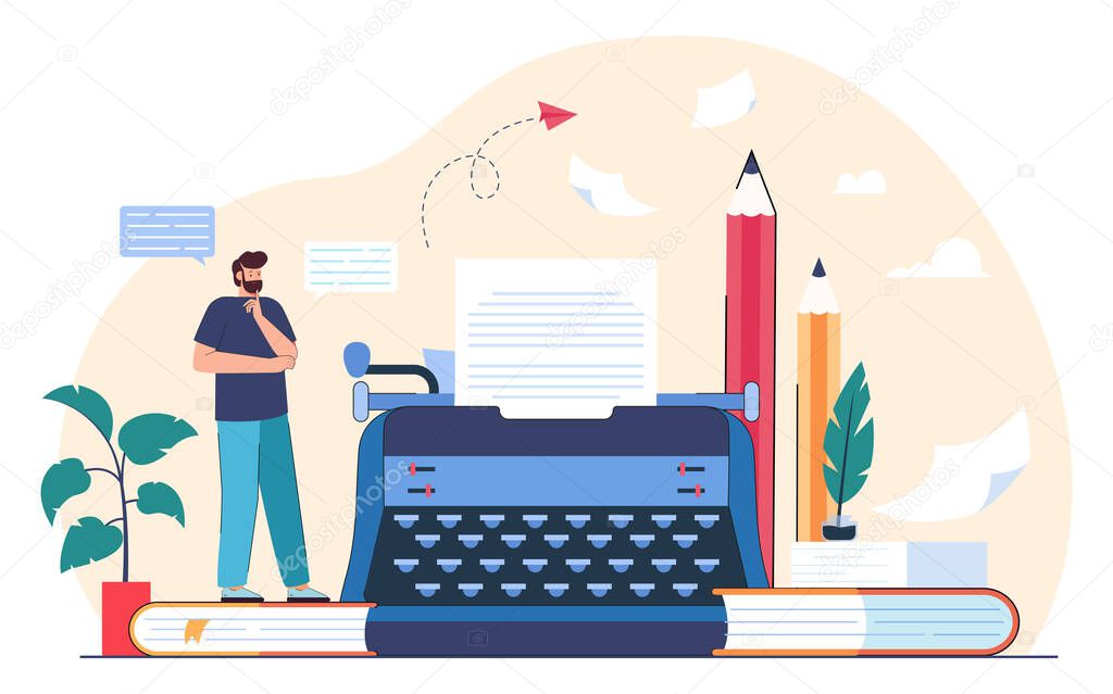 Tiny male author or screenwriter writing story or movie script. Screenplay writer, vintage typewriter with paper flat vector illustration. Creativity, journalism concept for banner or landing web page