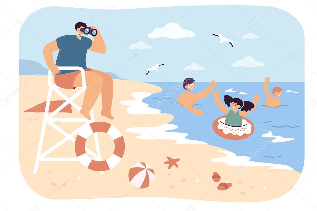 Lifeguard looking after swimming kids from beach. Flat vector illustration. Boys and girl enjoying water. Rescuer sitting on lifeguard tower, looking through binoculars. Safety, sea, guard concept