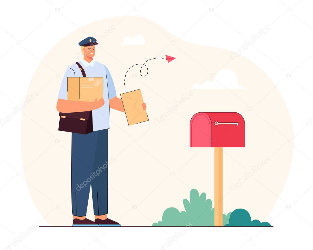 Postman delivering letters and parcels. Flat vector illustration. Man in uniform standing at mailbox with correspondence. Mail, delivery, information transfer, service concept for banner design