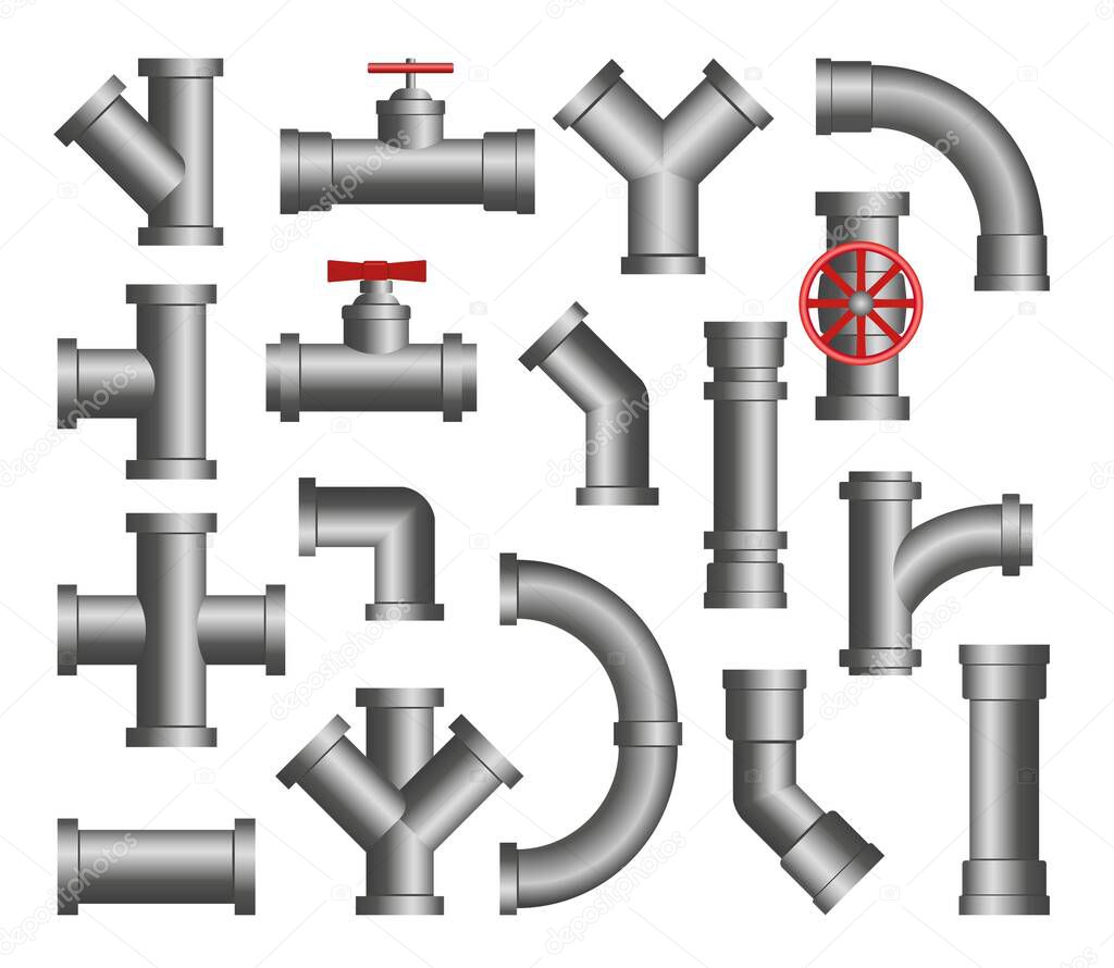 Steel pipes cartoon vector illustration set. Isolated icons of metal pipeline connection, valves, flanges, drains for water or oil system