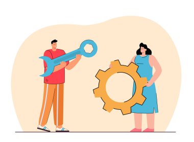 İngiliz anahtarı olan küçük bir adam ve dişli tekerleği olan bir kadın. Meslektaşlar, düz vektör illüstrasyonu için teknik destek araçları bulunduruyorlar. Tamir hizmeti, pankart, web sitesi tasarımı veya iniş web sayfası için takım çalışması kavramı