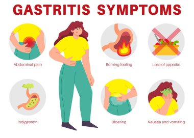 Gastrit taşıyıcı illüstrasyon semptomları olan bir kadın. Sindirim sistemi hastalığının bilgileri, karın ağrısı, mide bulantısı, beyaz arka planda izole edilmiş mide yanması. Tıp, sağlıklı beslenme konsepti