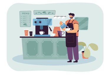 Kahveci önlük giyip espressoya çırpılmış süt döküyordu. Erkek karakter iyi kalitede kahve ve düz vektör çizimi yapıyor. Küçük işletme, kahve dükkanı ya da yer konsepti