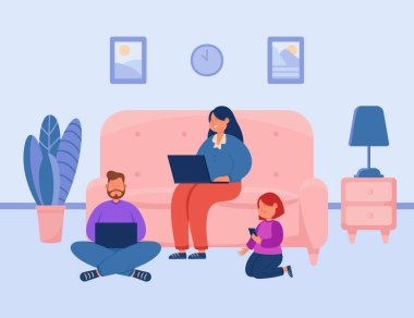 Aile gerçek iletişim yerine dizüstü bilgisayar ve telefon kullanıyor. Ev zemininde dijital cihazları olan ve kanepe yassı vektör çizimi yapan bağımlı insanlar. Sosyal medya kavramına bağımlılık