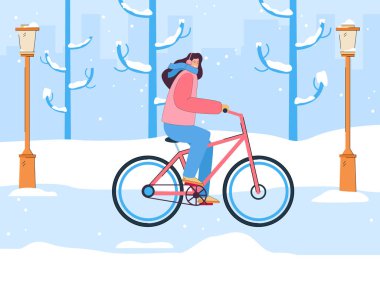 Şehirdeki karlı yolda bayan bir bisikletçi. Soğuk havada bisiklet süren kız, kışın sokakta düz vektör çizimi. Açık hava etkinliği, afiş mevsimi konsepti, web sitesi tasarımı veya iniş web sayfası