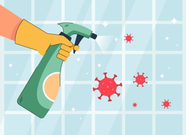 Dezenfektan spreyiyle eldiven temizleme fayansları. Mutfak ya da banyo, virüsün düz vektör çizimine karşı koruma. Hijyen, koronavirüs, pankart dezenfeksiyon konsepti, iniş sayfası