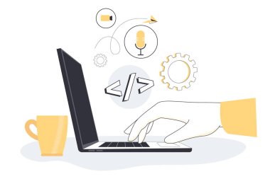 İnsan eli bilgisayarda kahve fincanının yanına yerleştirilmiş farklı sembollerle yazıyor. Düz dizüstü bilgisayarın yan görüntüsü. Yeni teknolojiler, çalışma konseptinde yeni çağlar