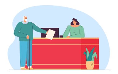 Masada oturan yaşlı bir adam kağıt çarşaf geriyor. Kamu kurumunun düz vektör illüstrasyonuna hitap eden kişi. Pankart, web sitesi tasarımı, iniş web sayfası için istemci hizmeti kavramı