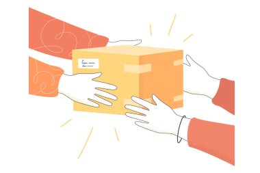 Kutudaki nesne, beyaz arka planda el dağıtımından müşterilere geçiyordu. Kurye, müşteri düz vektör illüstrasyonuna hediye kutusu veriyor. Hızlı teslimat, ulaşım konsepti