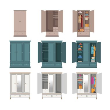 Açık ve kapalı gardırop hazır. Asılı elbise askıları ve çekmeceleri olan kabinenin vektör çizimleri. Çizgi film beyaz, kahverengi ve mavi ahşap dolaplar beyaza izole edilmiş. İç mekan kavramı