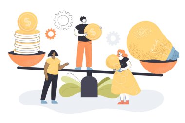 İnovasyon değeri, hedef fiyatı ve finansal kazanç üzerine araştırma yapan küçük bir yatırımcı. Para ve fikir alışverişi düz vektör çizimi. Ekonomi, finans, değerlendirme, karşılaştırma kavramı