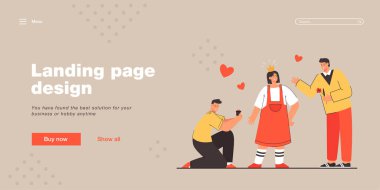 Kadın vektör illüstrasyonuna kur yapan iki erkek. Kadınlara çiçek ve mücevher sunan erkek karakterler. Hayali taç takan bir kadın. Pankart, web sitesi tasarımı veya iniş sayfası için aşk yarışması konsepti 