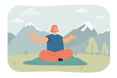 Dağlarda yoga yapan bir kadın. Kadın karakter doğanın tadını çıkarıyor ve yassı vektör illüstrasyonunda spor yapıyor. Sağlıklı yaşam tarzı, pankart için meditasyon konsepti, web sitesi tasarımı, iniş web sayfası