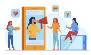 Sosyal medya vektör illüstrasyonunda ürün veya hizmeti destekleyen blog yazarı. Etkilendirici tavsiyeleri takip eden potansiyel ürün tüketicisi. Çevrimiçi iletişim işi, pazarlamayı etkileme