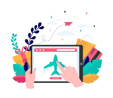 Müşteri internetten uçak bileti alıyor. Seyahat, ekran, uçuş düz vektör çizimi. Sancak, web sitesi tasarımı veya iniş web sayfası için e-ticaret ve dijital teknoloji kavramı