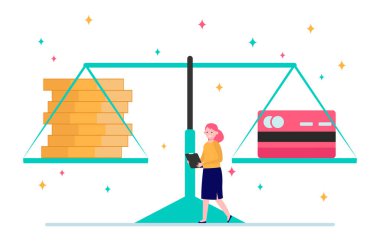 Nakit ve kredi kartıyla tartın. Kişi, kadın, karşılaştırma, düz ağırlık çizimi. Pankart, web sitesi tasarımı veya iniş sayfası için kişisel finans, bankacılık, artılar ve eksiler kavramı