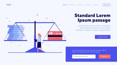 Nakit ve kredi kartıyla tartın. Kişi, kadın, karşılaştırma, düz ağırlık çizimi. Pankart, web sitesi tasarımı veya iniş sayfası için kişisel finans, bankacılık, artılar ve eksiler kavramı