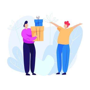 Adam adama hediye veriyor. Tatil, cömertlik, neşe. Verici konsept. Vektör illüstrasyonu aşk, aile, arkadaşlık gibi konularda kullanılabilir.