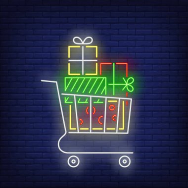 Araba neon levhasında yığınla hediye. Hediye kutuları, karton ambalaj, kurdele, fiyonk. Satın alma, tatil, Noel alışverişi gibi konular için neon biçiminde vektör illüstrasyonu