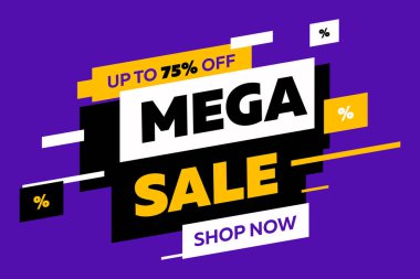 Mor arka planda satılık el ilanları için soyut öğeler. Dinamik şekiller ve çizgiler, Mega Satış, Dükkan şimdi mesaj. Reklam tasarımı, afiş ve poster şablonları için vektör illüstrasyonu