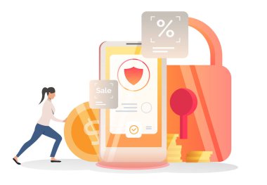 İş kadını akıllı telefona para sokuyor. Cep telefonu, para, kilit, kalkan. Güvenlik kavramı. Düzenler, iniş sayfaları, web sitesi şablonları için vektör illüstrasyonu
