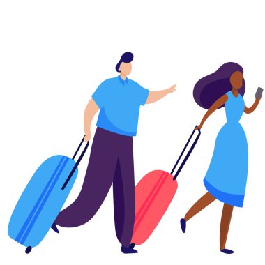 Bir çift tekerlekli bavul. Turistler, bavullar, koşu, havaalanı düz vektör çizimi. Seyahat, turizm, pankart, web sitesi tasarımı veya iniş web sayfası için tatil kavramı