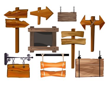 Tahta tabelalar illüstrasyon oluşturur. Beyaz arka planda farklı ahşap işaretler. Bar, bahçe, kır hayatı gibi konularda kullanılabilir.