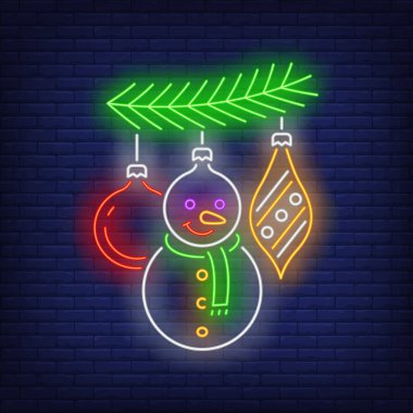 Köknar ağacının neon ışıklarındaki Baubles. Parlak neon mücevherler. Yeni yıl, Noel, kış. Tebrik kartı, davet, duyuru için neon biçiminde vektör illüstrasyonu