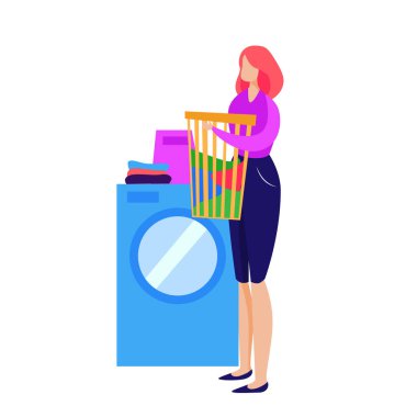 Ev hanımı çamaşır yıkıyor. Çamaşır makinesinin başında duran ve elinde keten sepeti olan bir kadın. Pankart, web sitesi tasarımı veya iniş web sayfası için ev kavramı