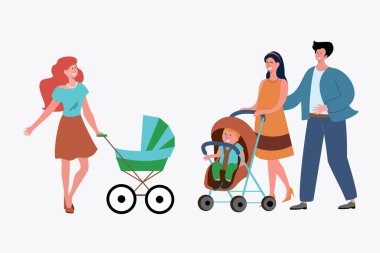 Bekar bir anne ve çocuklu evli bir çift. Aşk, birliktelik, çocukların düz vektör çizimi. Pankart, web sitesi tasarımı veya iniş sayfası için aile ve ebeveynlik kavramı