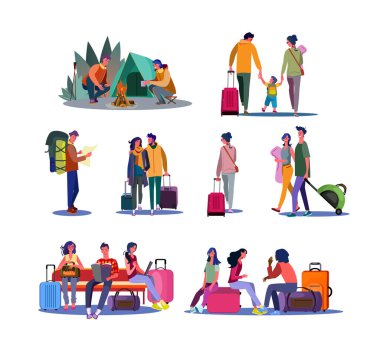 Turizm ve gezi seti. Bagaj taşıyan turistler, havaalanında bekleyenler, kampın keyfini çıkaranlar. Düz vektör çizimleri. Seyahat, bayrak, web sitesi tasarımı veya iniş web sayfası için tatil kavramı