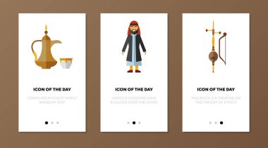 Arap geleneksel nesne simgesi seti. Arap adam, kahve demliği, izole edilmiş müzik aleti. Ulusal kültür konsepti. Web tasarımı için vektör illüstrasyon sembolü ögesi