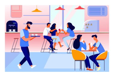 Kafe içi vektör illüstrasyonu. Masada ya da tezgahta kahve içen genç erkekler ve kadınlar. Kantin ya da yemek konsepti için modern kafe imajı