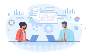 Grafikleri analiz eden bir çift profesyonel. Düz dizüstü bilgisayarlar kullanan iş adamları. İş, analiz, bayrak, web sitesi tasarımı veya iniş web sayfası için pazarlama kavramı