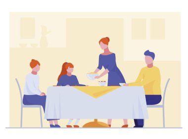 Aile yemek yiyor. Yemek odası, masa, gençlerin düz vektör çizimi. Pankart, web sitesi tasarımı veya iniş web sayfası için kutlama, ev, etkinlik konsepti