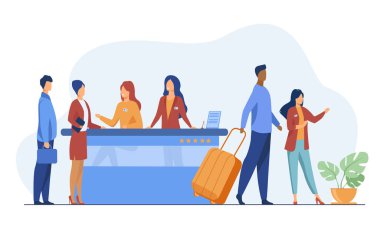 Otel kayıt masasından arkadaş canlısı resepsiyonistler müşteri vektör illüstrasyonuna yardım ediyor. İnsanlar danışmak için sırada bekliyor. Sunum slaytları için gezgin konseptiyle konuşan kapıcı