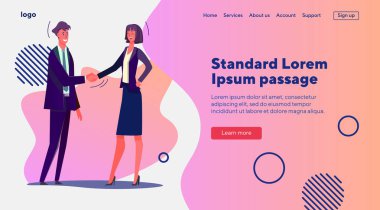 İş ortakları el sıkışıyor. Erkek ve kadın tokalaşması, düz vektör çizimleriyle tanışma. Takım çalışması, başarı, bayrak, web sitesi tasarımı veya iniş web sayfası için sözleşme kavramı