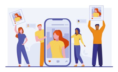 Sosyal medyada fotoğraf. Yorum yapan ve giden kullanıcılar düz vektör illüstrasyonunu sever. Sosyal medya ağı, afiş için internet iletişim konsepti, web sitesi tasarımı veya iniş web sayfası