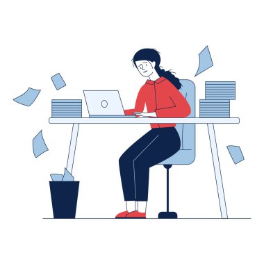 Stresli muhasebeci raporlarla uğraşıyor. Elinde baş düz vektör illüstrasyonunu tutan bir yığın belge olan bir çalışan. Pankart, web sitesi tasarımı veya iniş web sayfası için düzensiz konsept