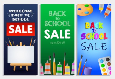 Okul satışı mektupları, boya fırçaları ve sehpaya geri dön. Teklif ya da satış reklam tasarımı. Yazılı metin, yazı. Broşürler, broşürler, davetiyeler, posterler ve afişler için.