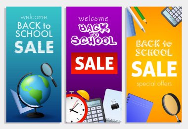 Okula hoş geldin, satış mektupları seti, Dünya küresi. Teklif ya da satış reklam tasarımı. Yazılı metin, yazı. Broşürler, broşürler, davetiyeler, posterler ve afişler için.