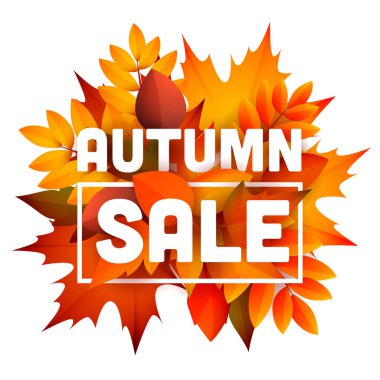 Sonbahar indirimli yapraklı broşür tasarımı. Çerçeveli, turuncu ve sarı yapraklı mesaj. Vektör illüstrasyonu pankartlar, posterler, reklamlar, tanıtımlar için kullanılabilir