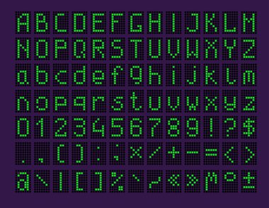 Alfabe ve sayılarla dolu bir panel. Tahta, ekran, yazı tipi, skor tabelası. Mesaj ya da mesaj konsepti. Elektronik işaret gibi konular için vektör çizimleri. Dijital harfler, havaalanı