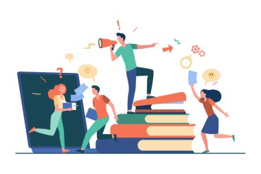 Ofis kaosu vektör illüstrasyonu. Kızgın patron megafona bağırıyor, çalışanlar telaşla koşuyor ve panikliyor. Zaman, son teslim tarihi ve iş kavramlarındaki stres için kullanılabilir.