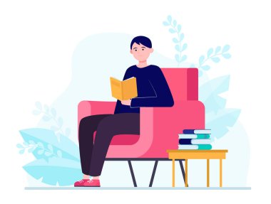 Koltukta oturan ve kitap okuyan genç bir adam. Hikaye, ev, okuyucu düz vektör çizimi. Sancak, web sitesi tasarımı veya iniş sayfası için hobi ve izolasyon kavramı